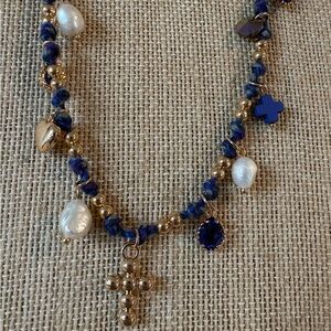 Gold and Blue Beaded Necklace with Cross Pendant New Gift Boxed